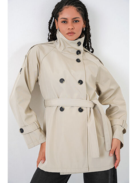 Bigdart Kadın Kruvaze Yaka Kısa Trençkot 5980 - Bej - S000473535-19928