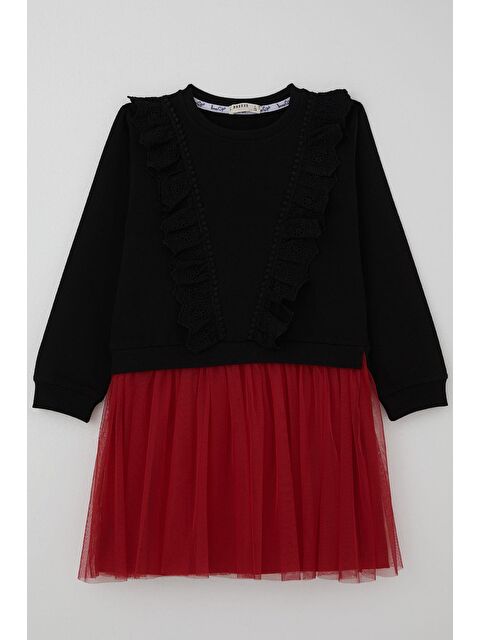 Breeze Kız Çocuk Uzun Kollu Elbise Nakış Güpürlü Tüllü Siyah (3-8 Yaş) - S000502520-19351