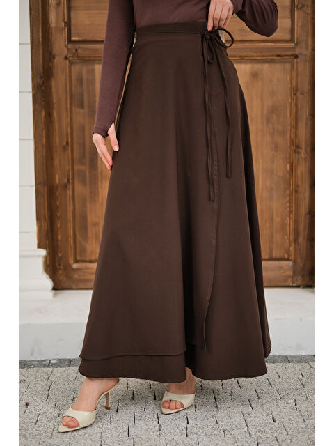 Locco Moda Kadın Yırtmaç Detay Kurdeleli Etek Kahverengi - S000511152-19413