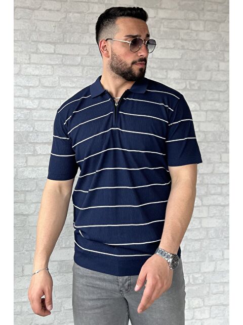 Mishar İtalia Erkek Polo Yaka Yarım Fermuarlı Çizgi Desenli Triko Tişört - S000399492-21164