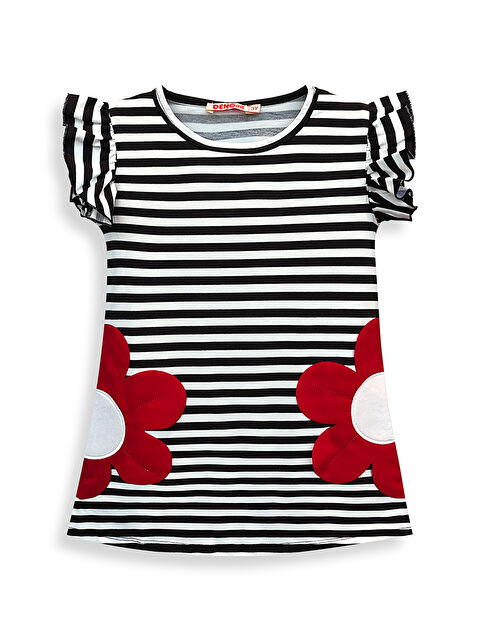 Denokids Siyah Beyaz Çizgili Kırmızı Papatya Cepli Kız Çocuk Elbise - S000510798-23173