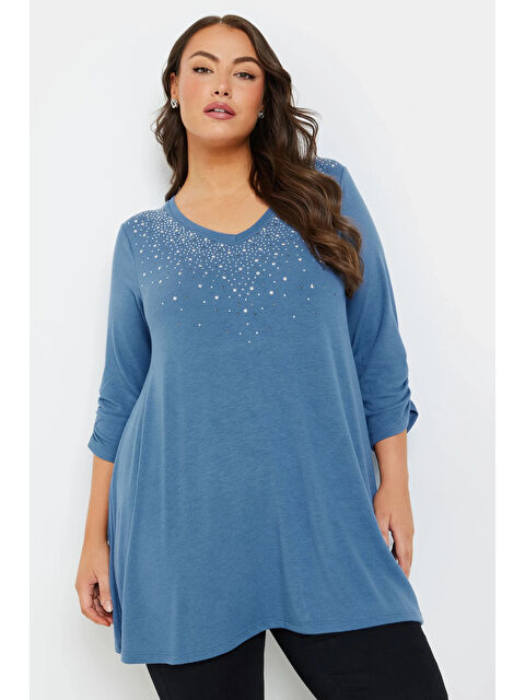 Stil Diva Büyük Beden V Yakası Taş İşlemeli Kolları Büzgülü Bluz 322297 - S000317522-17234