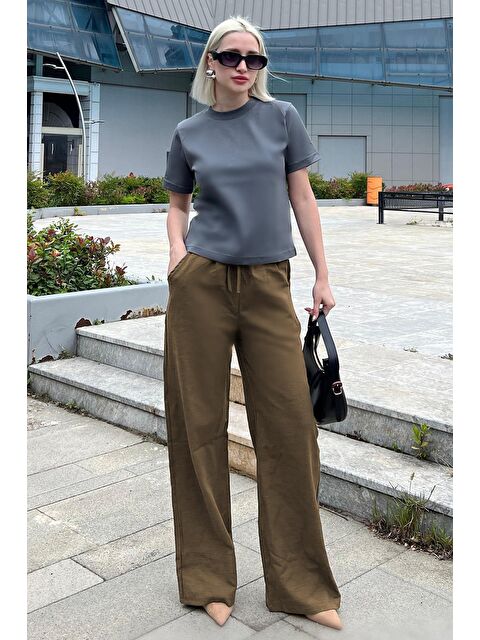 Madmext Sütlü Kahve Beli Büzgülü Bol Paça Kadın Pantolon Mg2011 - S000146790-4280