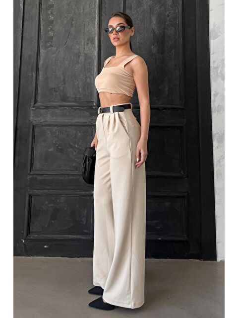Madmext Açık Bej Çift Pileli Kemerli Pantolon Mg2330 - S000346039-19927