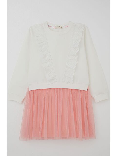 Breeze Kız Çocuk Uzun Kollu Elbise Nakış Güpürlü Tüllü Ekru (3-8 Yaş) - S000502520-19965