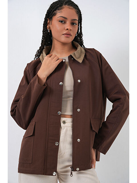 Bigdart Kadın Cep Detaylı Oversize Ceket 5973 - Kahverengi - S000481152-19413