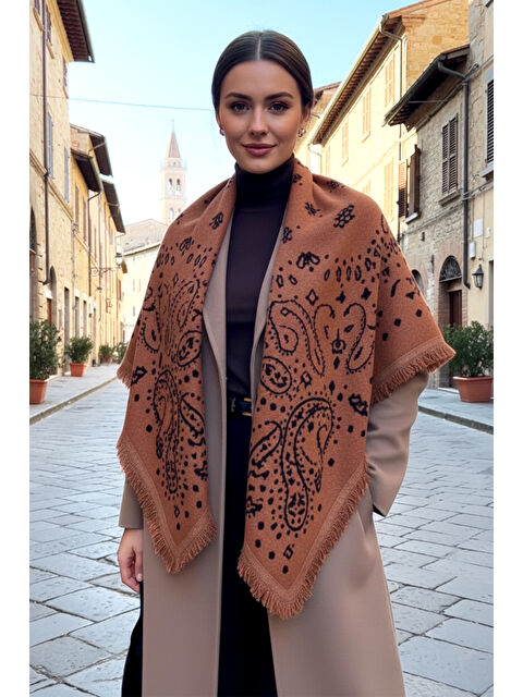 Remsa Kaşmir Örgü Desenli Kare Omuz Şalı 108x108 cm 1300 Kiremit - S000498898-18657