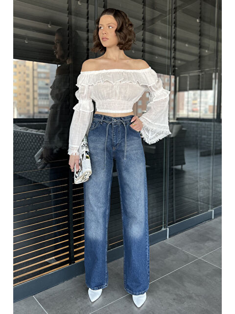 Gülseli Bel Bağlamalı Bol Paça Kadın Jean Pantolon - S000364998-21164