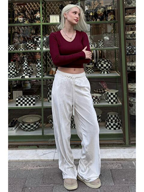 Madmext Ekru Bol Paça Kadife Pantolon Mg2283 - S000333199-19965