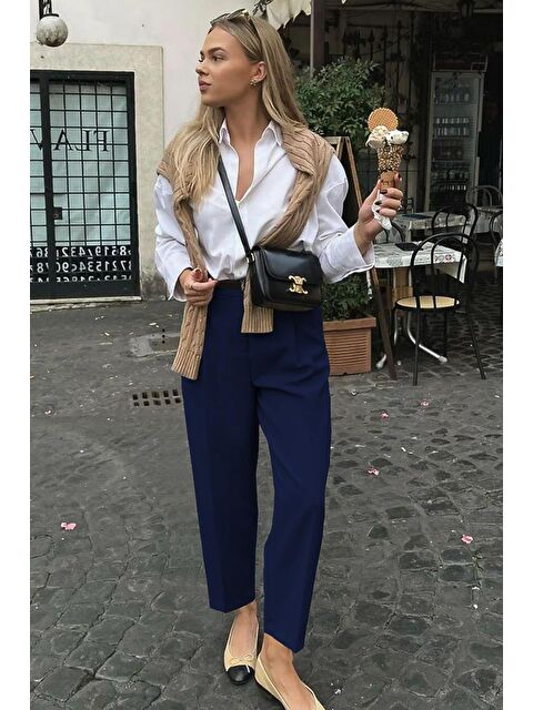 Madmext Lacivert Yüksek Bel Pileli Kadın Kumaş Pantolon Mg2507 - S000426221-21164