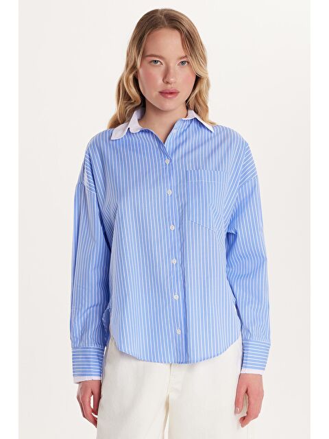 TUDORS Kadın Relax Fit Rahat Kesim Cepli Çizgili Mavi Gömlek - S000525899-17234