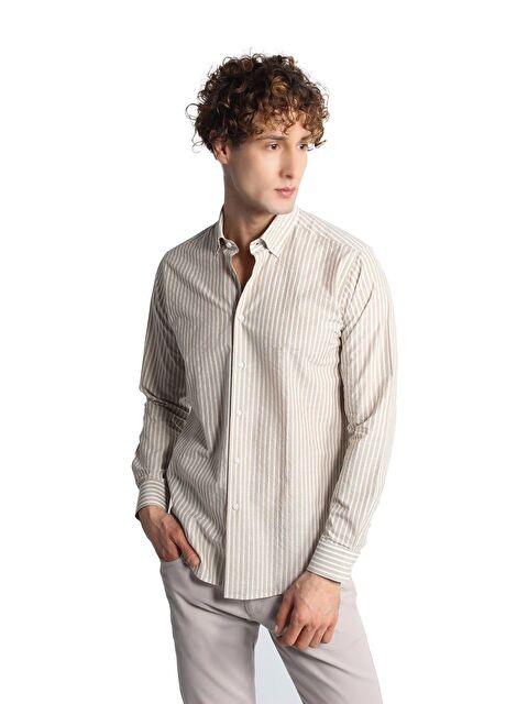 igs Bej Dynamic Fit Düğmeli Yaka Çizgili Uzun Kollu Cepsiz %100 Pamuk Gömlek - S000490105-19928