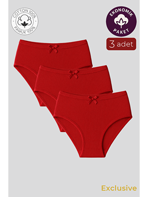 Kompedan Kadın Yüksek Bel Pamuklu Ribana Slip Külot 3'Lü Paket – Esnek & Rahat | Kırmızı K0305 - S000433281-20045