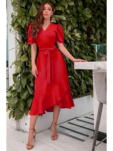 Jane's Kadın Kruvaze Yaka Midi Boy Kuşaklı Krep Elbise 120 Cm