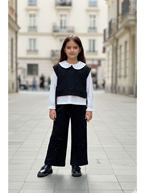 Pina Kids Taşlı Penye Süveter Pantolonlu Üçlü Kız Çocuk Takımı - S000492874-19351