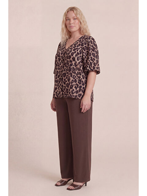 Mylinemoda Balon Kol Düğmeli Leopar Desenli Bluz