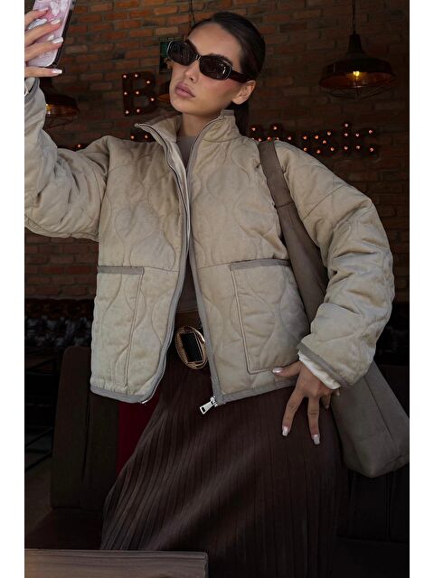 Madmext Bej Dik Yaka Kapitone Kadın Mont Mg2568 - S000460313-19928