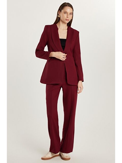 TUDORS Kadın Standart Fit Uzun Kollu Kruvaze Yaka Düğmeli Bordo Ceket Pantolonlu Takım - S000529826-19951