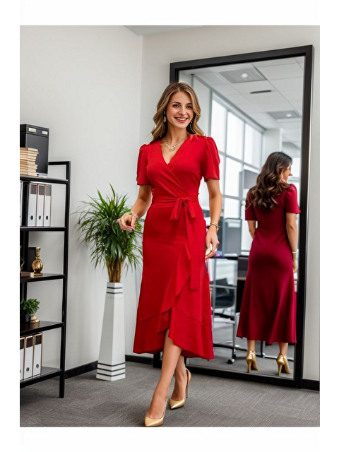 Jane's Kadın Kruvaze Yaka Midi Boy Kuşaklı Krep Elbise 120 Cm