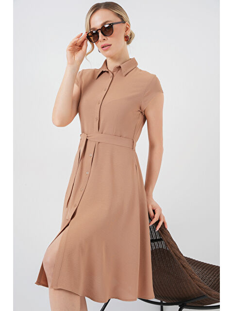 Bigdart 1677 Boydan Düğmeli Kuşaklı Elbise - Bisküvi - S000108934-19928