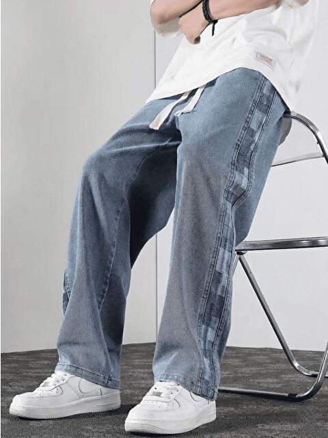 Oksit Vets Erkek Bağcıklı Beli Lastikli Yanı Parçalı Dama Desenli Bol Jean Pantolon