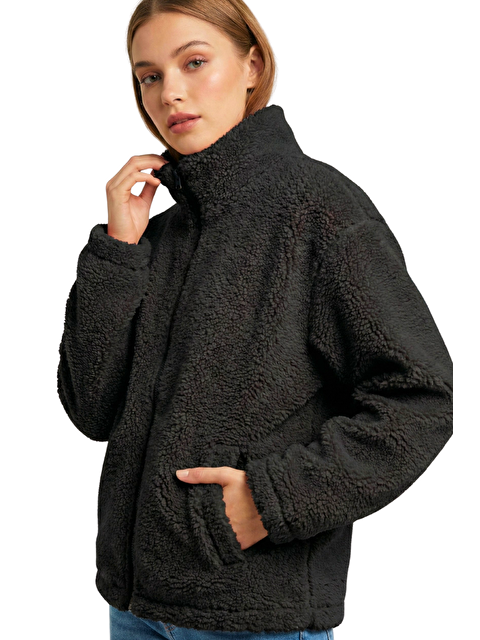 Genius Store Kadın Pelüş Tam Fermuarlı Cepli Sherpa Kuzu Kumaş Oversize Pelüş Polar Sweatshirt - S000514920-19351