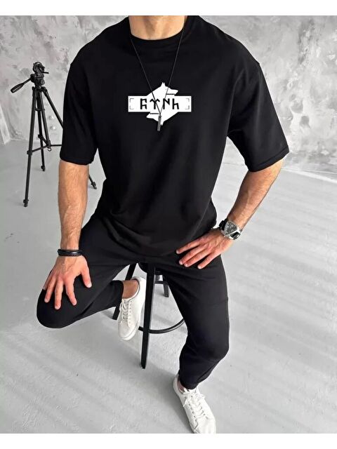 Jane's Unisex Bisiklet Yaka Baskılı Double Oversize T-Shirt - Siyah - S000528306-19351