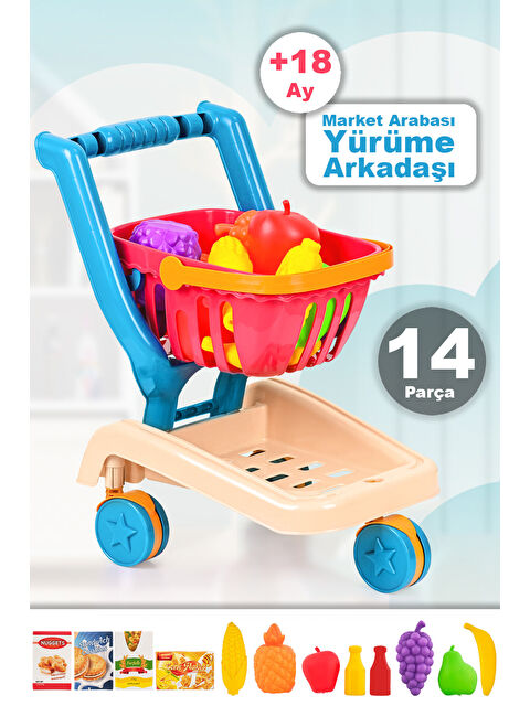 Meleni Toys 14 Parça Oyuncak Market Arabası - İlk Adım Yürüme Arkadaşı Meyve Sebze Atıştırmalık Alışveriş Sepeti