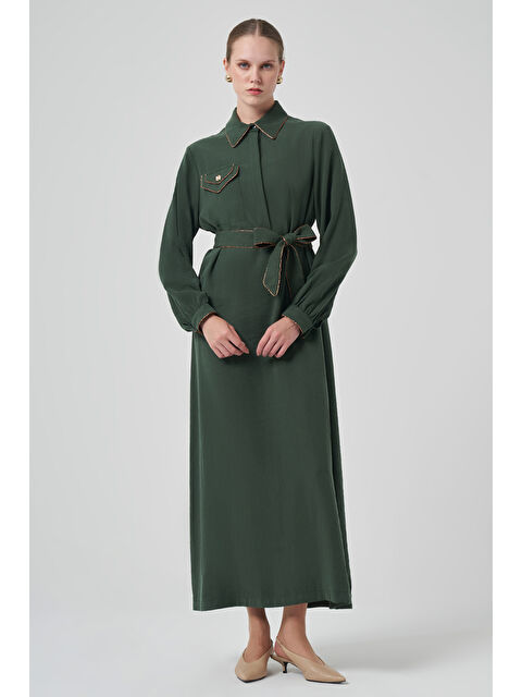 Nuss Cep Detay Kuşaklı Elbise 2005 Turmalin Yeşil - S000467678-18194