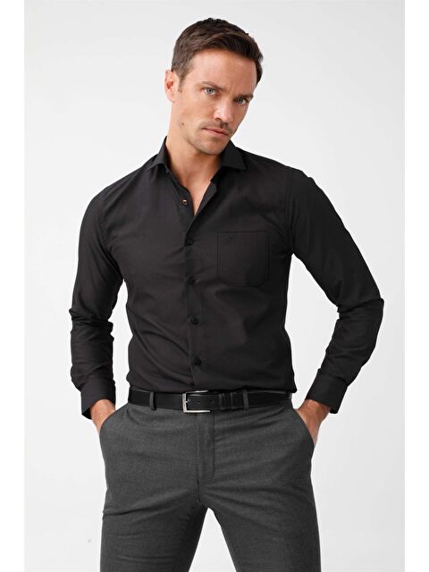 igs Siyah Rahat Kalıp Klasik Yaka Düz Uzun Kollu Cepli Kolay Ütülenir Gömlek - S000490107-19351