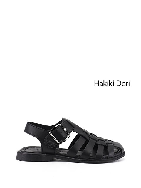 GÖNDERİ(R) Kadın SİYAH Tokalı Bantlı Burnu Kapalı Hakiki Deri Sandalet