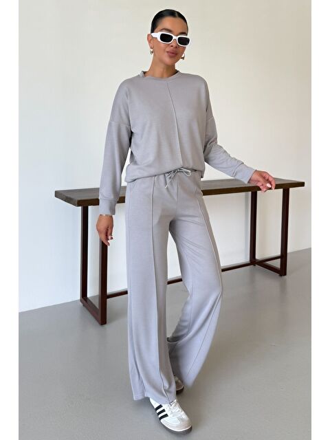 Trendseninle Kadın Gri Düz Biye Detay Bisiklet Yaka Modal Kumaş Alt-Üst Eşofman Takımı - S000433285-20600