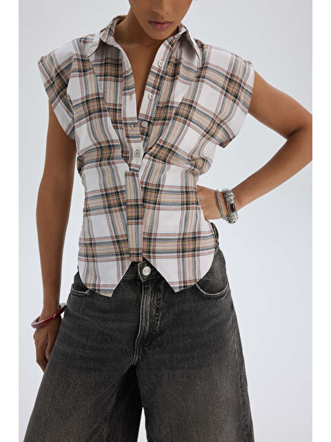 Mai Collection Frenzy Ekoseli Ekru Kısa Gömlek