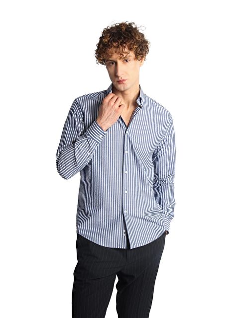 igs Lacivert Dynamic Fit Düğmeli Yaka Çizgili Uzun Kollu Cepsiz %100 Pamuk Gömlek - S000490105-21164