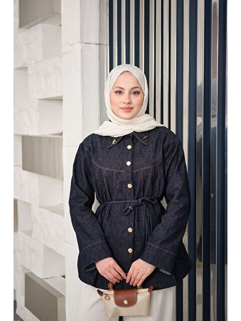 Locco Moda Kadın Ön Pileli Gold Düğme Detay Gömlek Lacivert - S000511157-21164