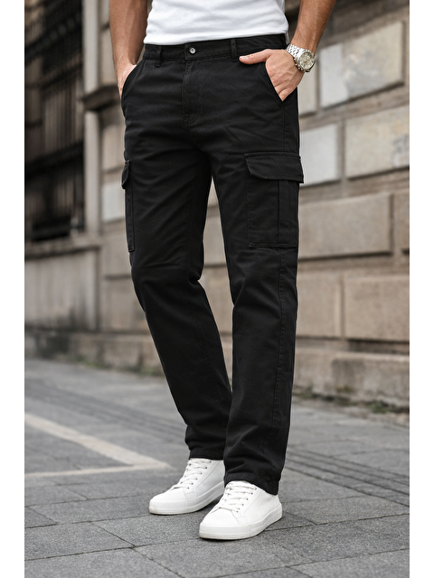 Comstar Erkek Kargo Cepli Pamuklu Siyah Baggy Pantolon