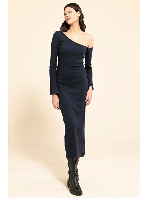 For You Moda Tek Omuz Asimetrik Lacivert Elbise - S000346681-21164