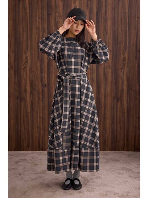 HE-QA Volanlı Ekose Elbise Antrasit - S000471195-29666