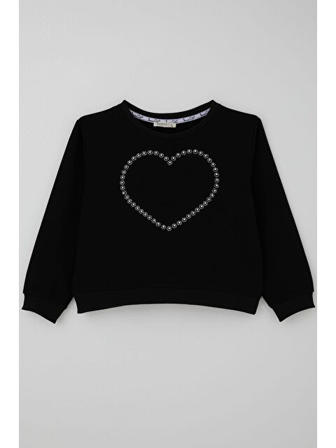 Breeze Kız Çocuk Sweatshirt Taşlı Kalp Baskılı Siyah (7-12 Yaş) - S000503953-19351