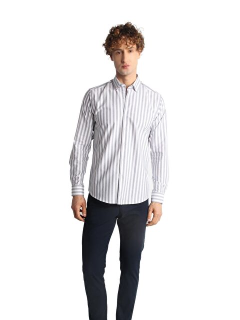 igs Lacivert Dynamic Fit Düğmeli Yaka Çizgili Uzun Kollu Cepsiz %100 Pamuk Gömlek - S000490108-21164