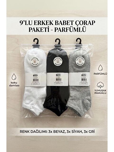 Oksit Özel Kokulu Yumuşak Pamuklu 9'lu Erkek Babet Çorap Seti (3 Siyah + 3 Beyaz + 3 Gri)