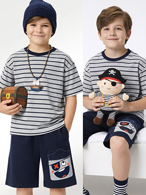 Denokids Korsan Erkek Çocuk Çizgili T-shirt Şort Takım - S000508980-20600
