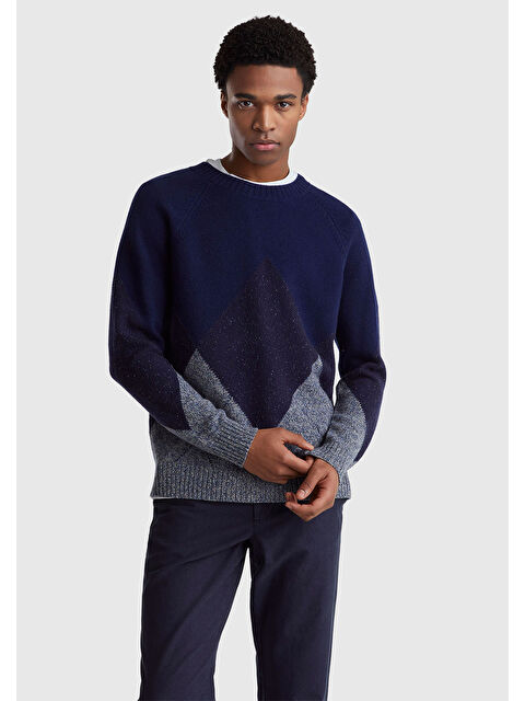 United Colors Of Benetton Erkek Lacivert Yün Karışımlı Baklava Desenli Ribana Detaylı Kazak - S000513993-21164