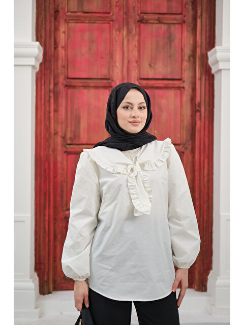 Locco Moda Kadın Yakası Fırfırlı Basic Gömlek Beyaz - S000511158-20063