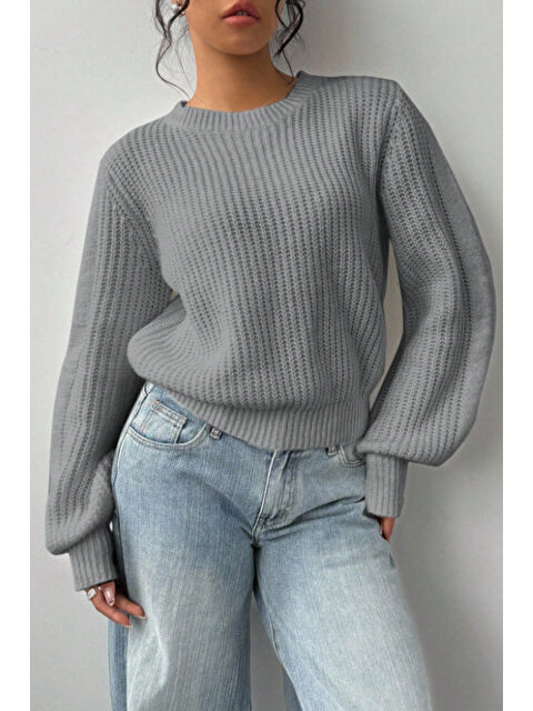 Tarz Cool Kadın Gri Oversize Bisiklet Yaka Balon Kol Fitilli Triko Kazak - S000508561-20600