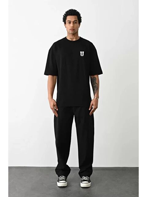 Jane's Unisex Bisiklet Yaka Baskılı Oversize T-Shirt - Siyah - S000528311-19351