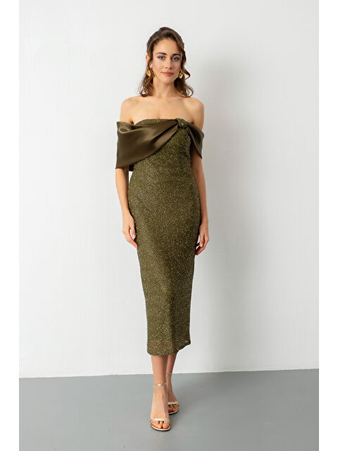 Lafaba Kadın Haki Yaka Detay Boncuklu Midi Söz Nişan Abiye Elbise - S000451067-18547