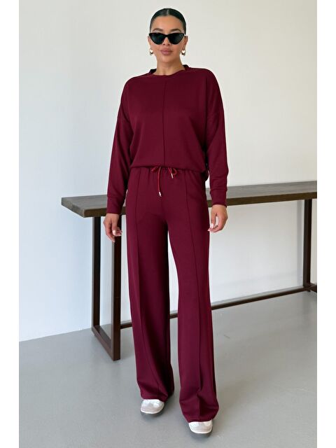 Trendseninle Kadın Bordo Düz Biye Detay Bisiklet Yaka Modal Kumaş Alt-Üst Eşofman Takımı - S000433285-19951