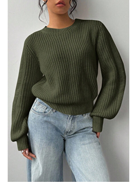 Tarz Cool Kadın Haki Oversize Bisiklet Yaka Balon Kol Fitilli Triko Kazak - S000508561-18547