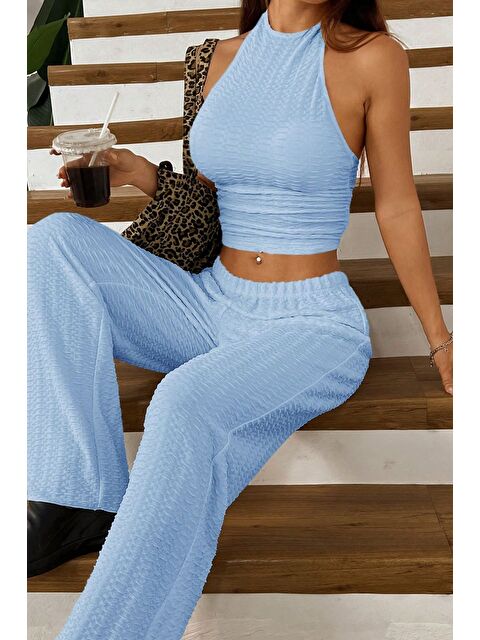 Trendseninle Bebe Mavisi Örme Kolsuz Sırtı Açık Bel Dar Bluz Pantolon Takım - S000397550-17234